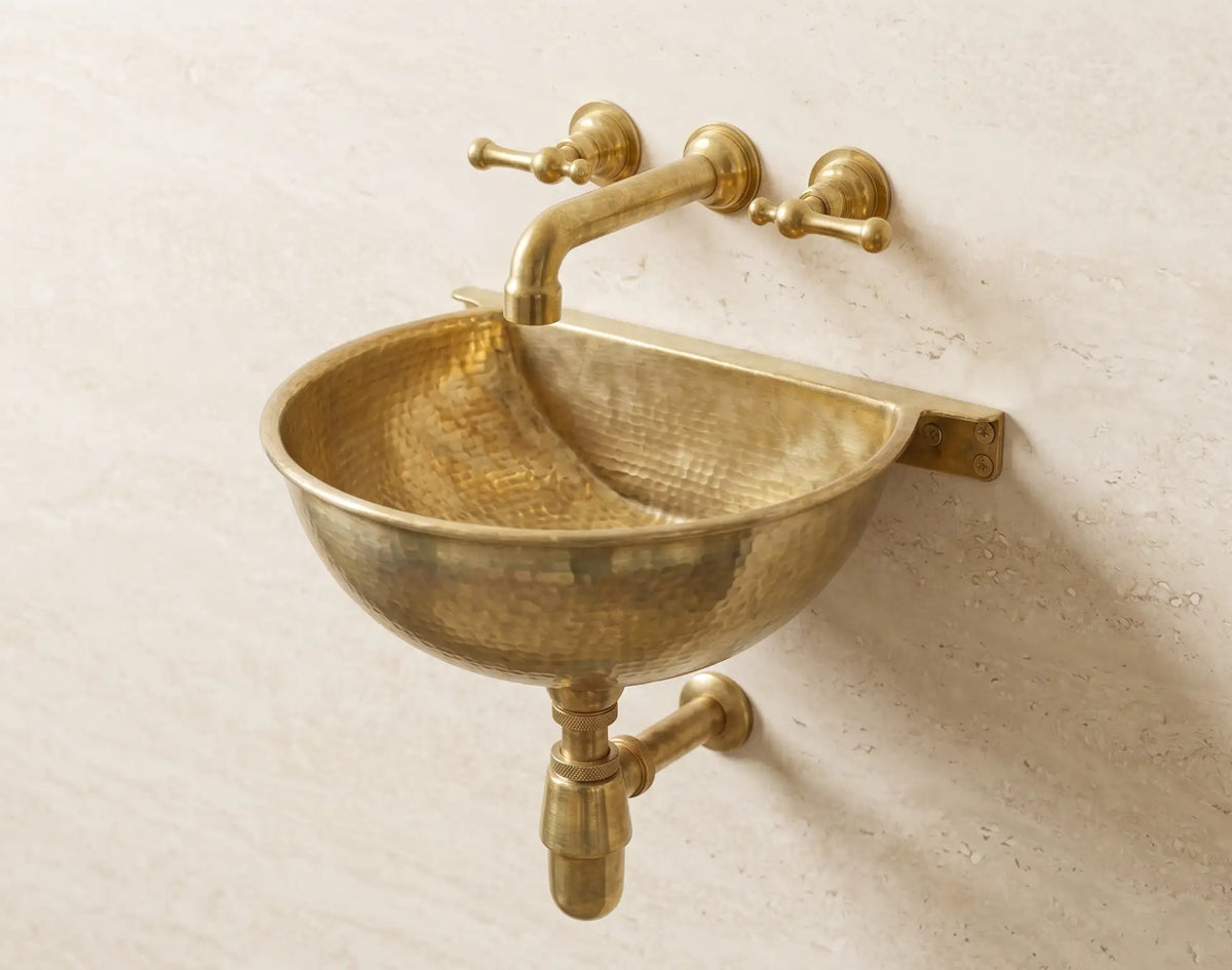 Vintage Brass Wall Mounted Sink with Unlacquered Brass Faucet