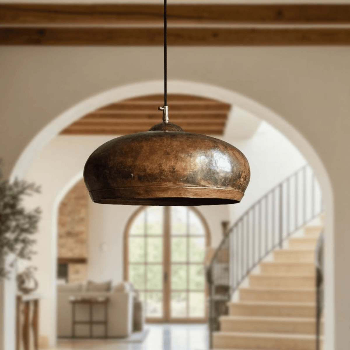 Hammered Copper Dome Pendant – Oxidized Rustic Ceiling Light for Kitchens