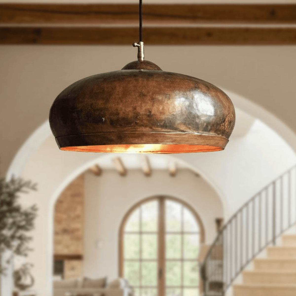 Hammered Copper Dome Pendant – Oxidized Rustic Ceiling Light for Kitchens
