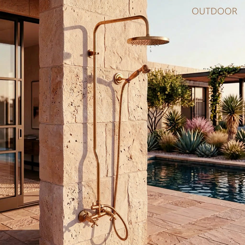 Copper Outdoor Shower ,Exposed Wall Mounted Copper Shower System ,Industrial design Shower - handcrafted luxury Shower Systems for kitchen and bathroom interiors by Brooklyn Brass