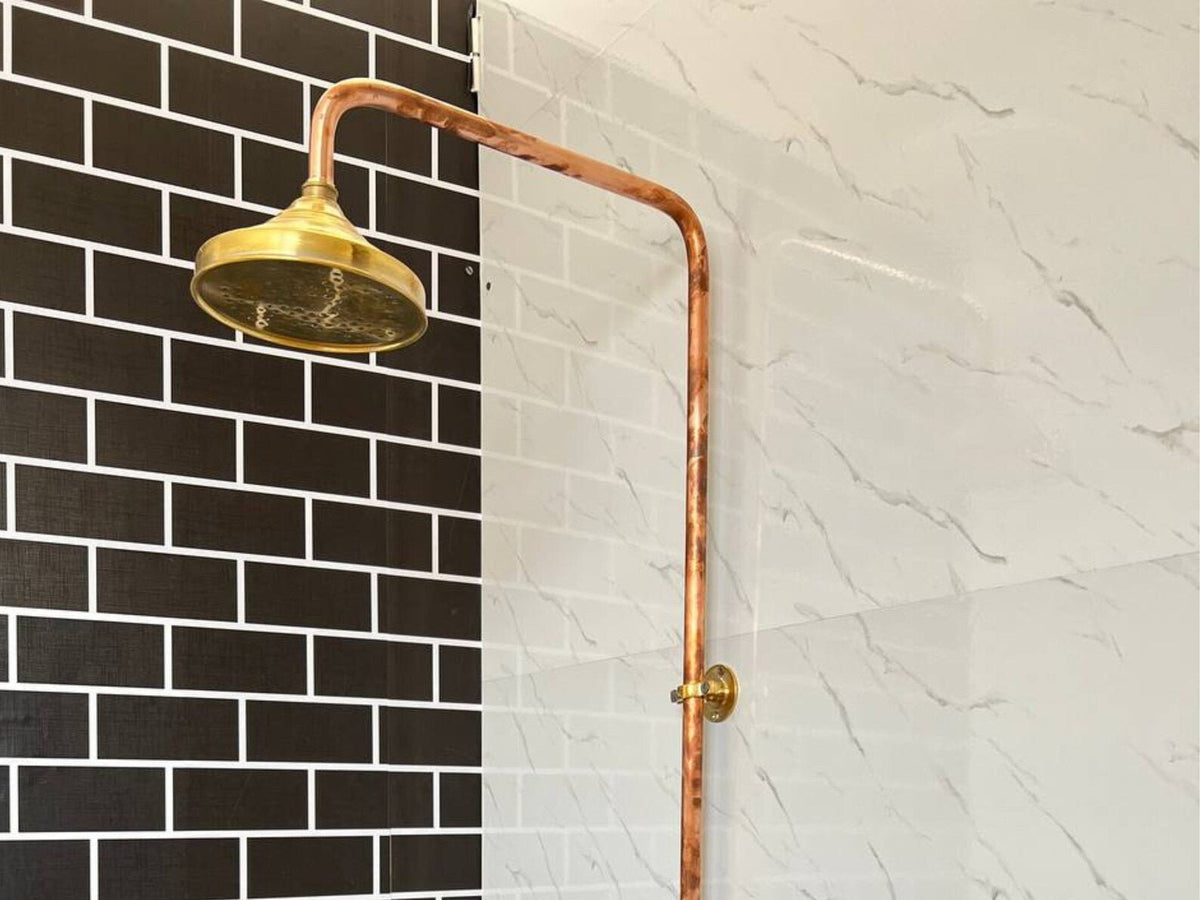 Copper Outdoor Shower ,Exposed Wall Mounted Copper Shower System ,Industrial design Shower - handcrafted luxury Shower Systems for kitchen and bathroom interiors by Brooklyn Brass