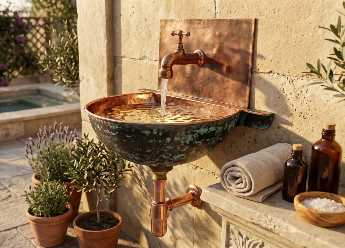 Copper Wall Mounted Bathroom Sink With Copper Mixer Faucet - handcrafted luxury Bathroom faucet for kitchen and bathroom interiors by Brooklyn Brass