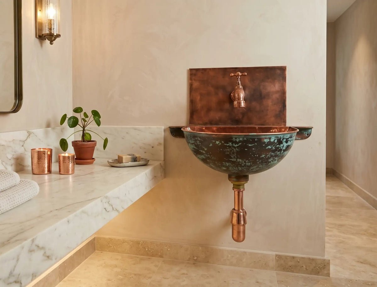 Copper Wall Mounted Bathroom Sink With Copper Mixer Faucet - handcrafted luxury Bathroom faucet for kitchen and bathroom interiors by Brooklyn Brass