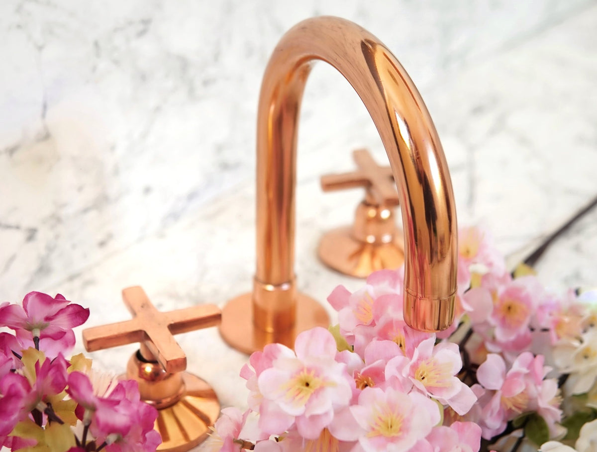Copper Widespread 3 holes Deck mounted Faucet - Vanity Sink Bathroom Tap - handcrafted luxury Bathroom Faucets for kitchen and bathroom interiors by Brooklyn Brass