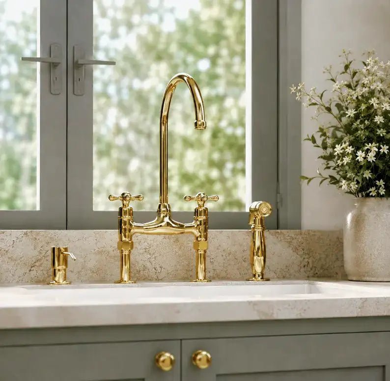 Curved Legs Brass Bridge Faucet, Kitchen Tap - handcrafted luxury Kitchen Faucets for kitchen and bathroom interiors by Brooklyn Brass