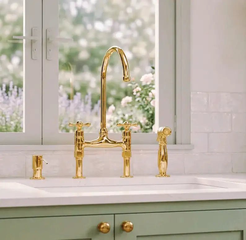 Curved Legs Brass Bridge Faucet, Kitchen Tap - handcrafted luxury Kitchen Faucets for kitchen and bathroom interiors by Brooklyn Brass