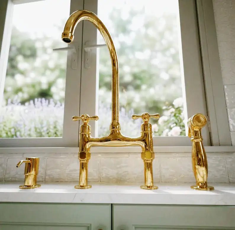 Curved Legs Brass Bridge Faucet, Kitchen Tap - handcrafted luxury Kitchen Faucets for kitchen and bathroom interiors by Brooklyn Brass