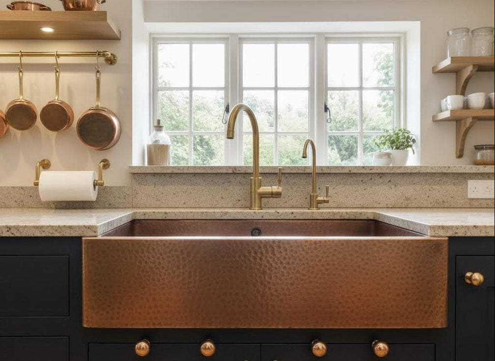 Modern kitchen with copper farmhouse sink, black cabinets, and gold fixtures.
