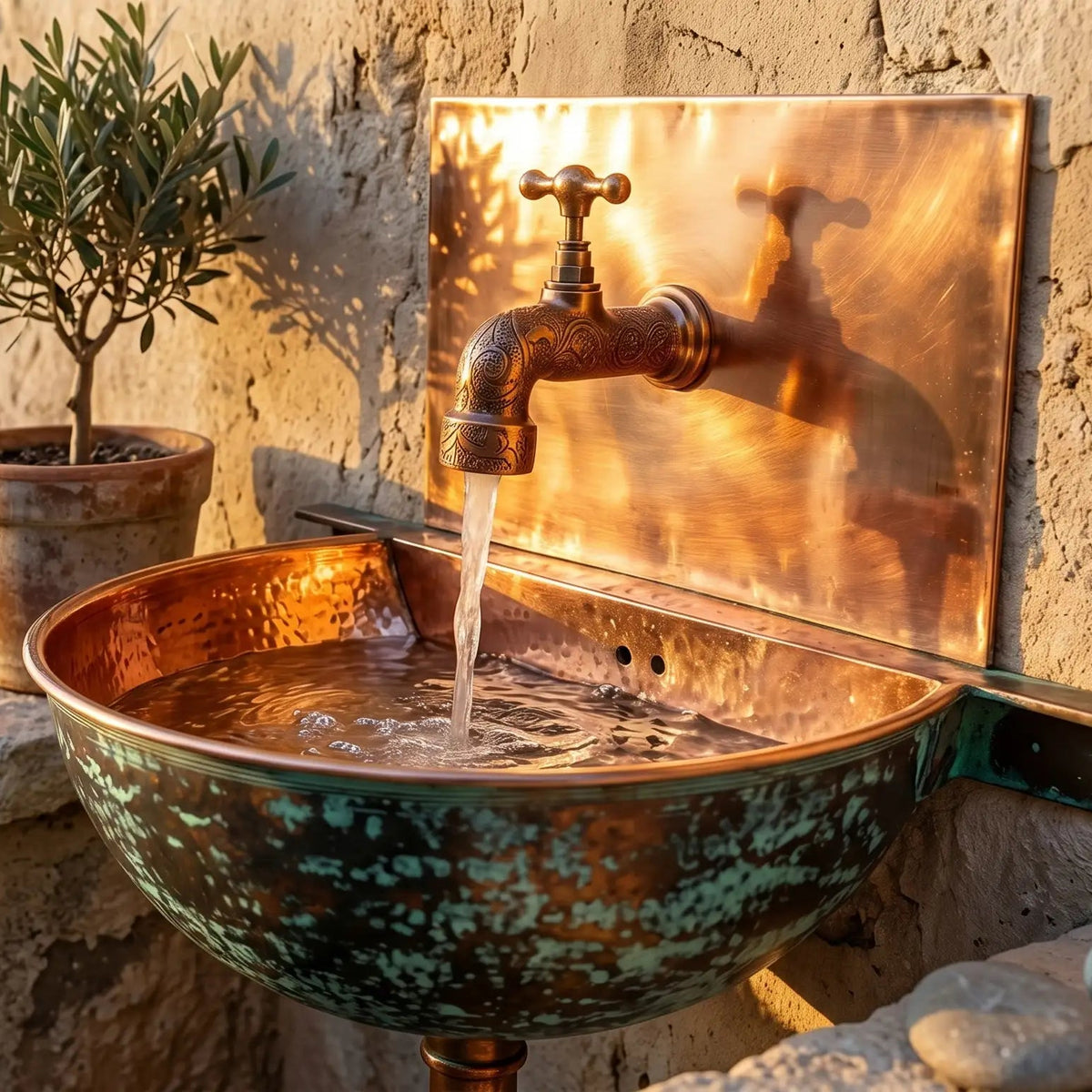 Copper Wall Mounted Bathroom Sink With Copper Mixer Faucet