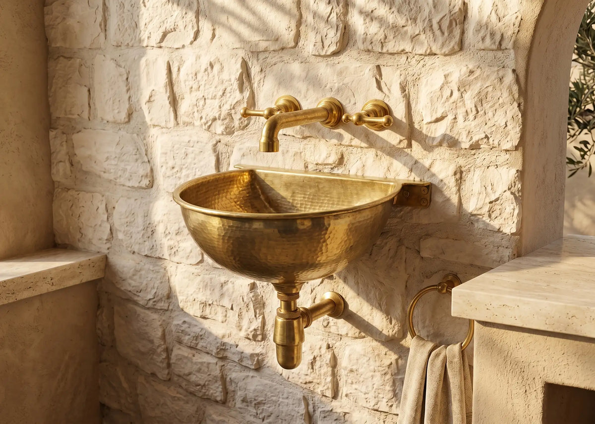 Vintage Brass Wall Mounted Sink with Unlacquered Brass Faucet