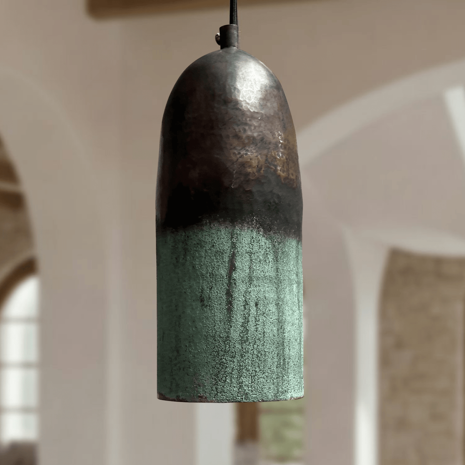 Green Patina Copper Pendant Light – Handmade Oxidized Cylinder Ceiling Lamp - handcrafted luxury for kitchen and bathroom interiors by Brooklyn Brass
