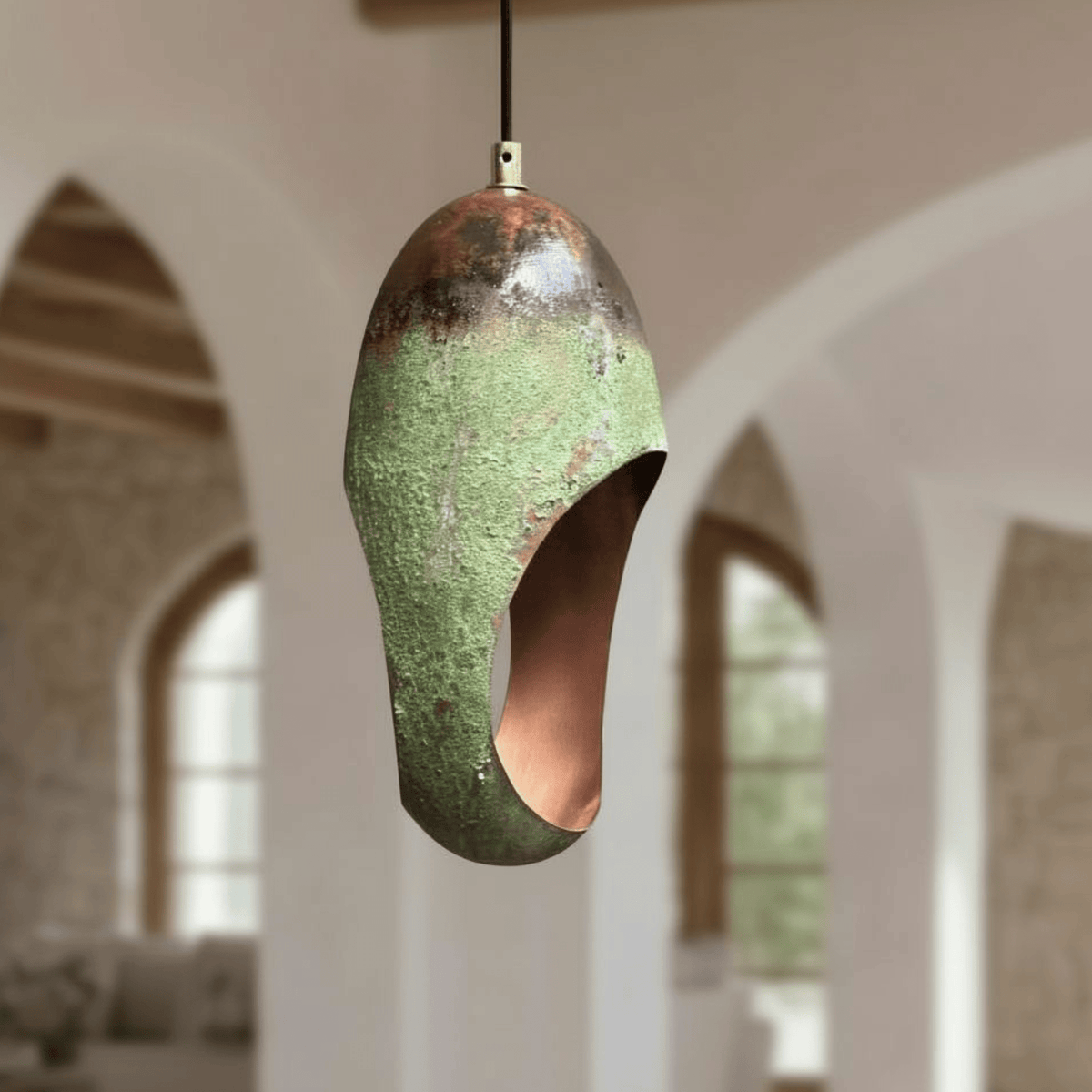 Green Patina Copper Pendant – Oval Cutout Ceiling Light for Rustic Decor - handcrafted luxury for kitchen and bathroom interiors by Brooklyn Brass