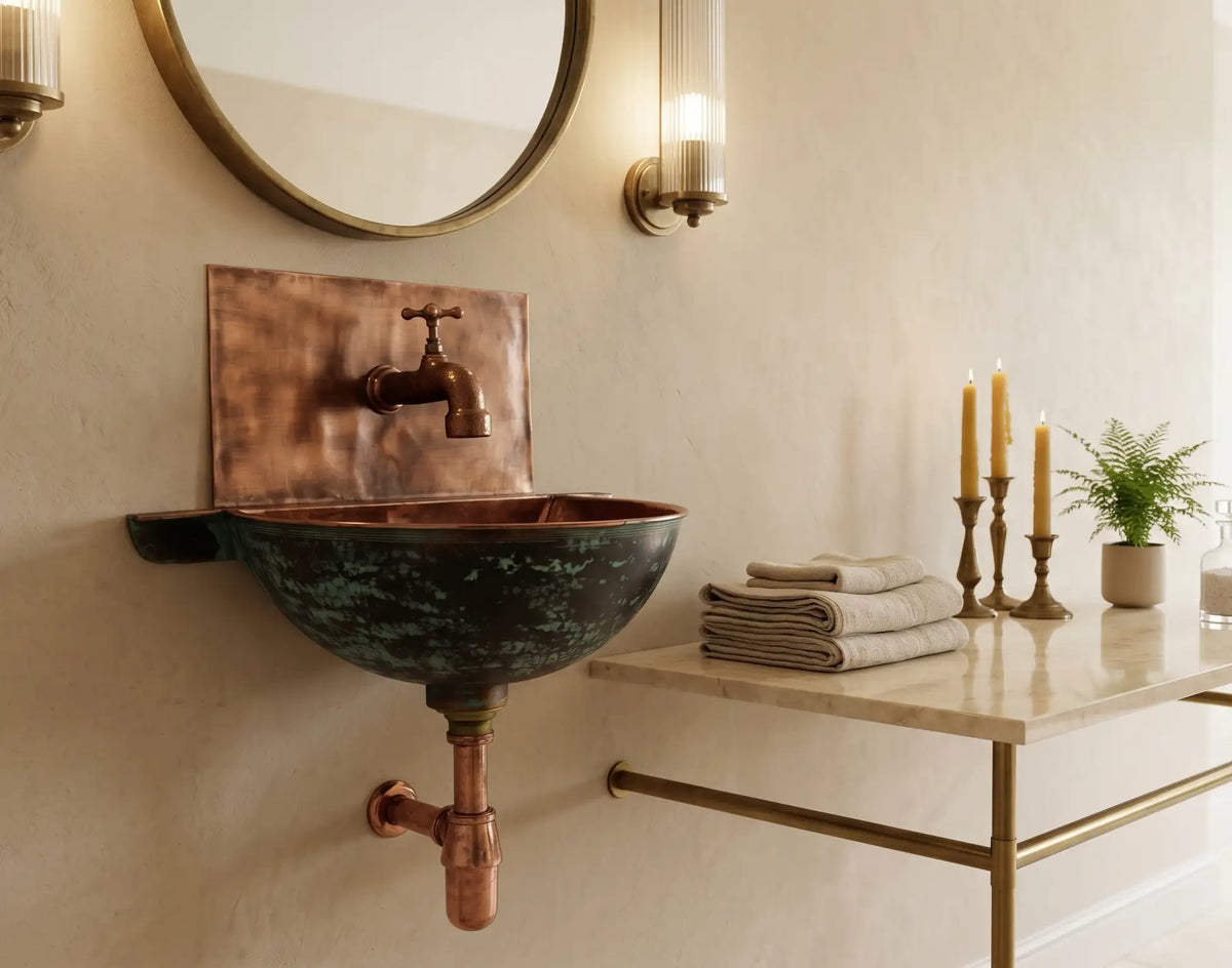 Copper Wall Mounted Bathroom Sink With Copper Mixer Faucet