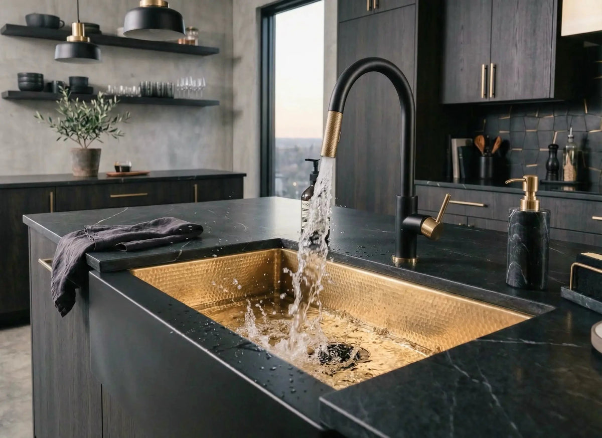 Hammered Brass Farmhouse Sink – Black Apron Front, Handmade Moroccan Kitchen Decor - handcrafted luxury kitchen sink for kitchen and bathroom interiors by Brooklyn Brass