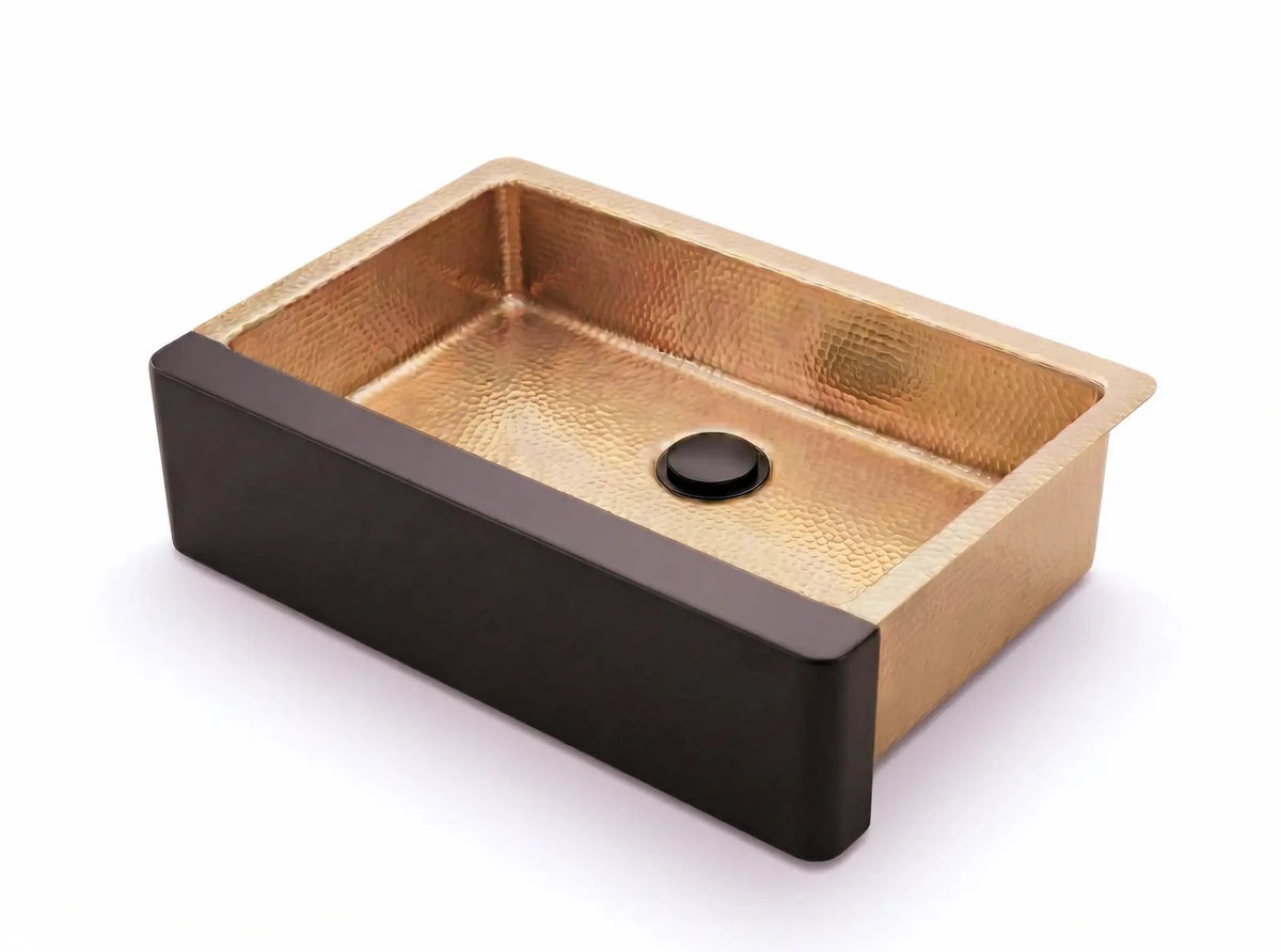 Hammered Brass Farmhouse Sink – Black Apron Front, Handmade Moroccan Kitchen Decor - handcrafted luxury kitchen sink for kitchen and bathroom interiors by Brooklyn Brass