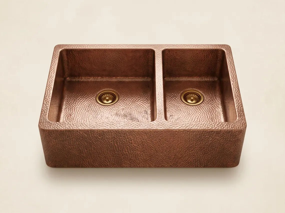 Hammered Copper Double Bowl Farmhouse Sink – Moroccan Artisan Apron Front Kitchen Sink - handcrafted luxury kitchen sink for kitchen and bathroom interiors by Brooklyn Brass