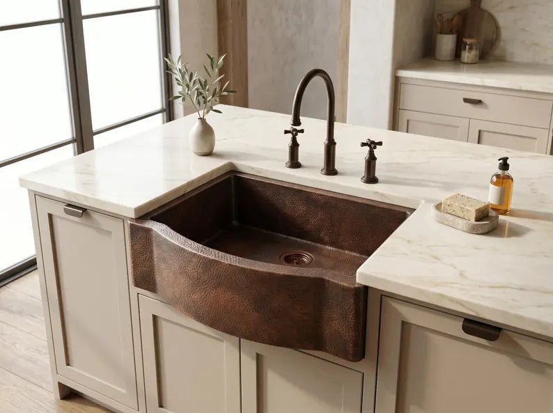 Hammered Copper Farmhouse Sink – Single Basin, Apron Front, Moroccan Artisan Kitchen Sink - handcrafted luxury kitchen sink for kitchen and bathroom interiors by Brooklyn Brass