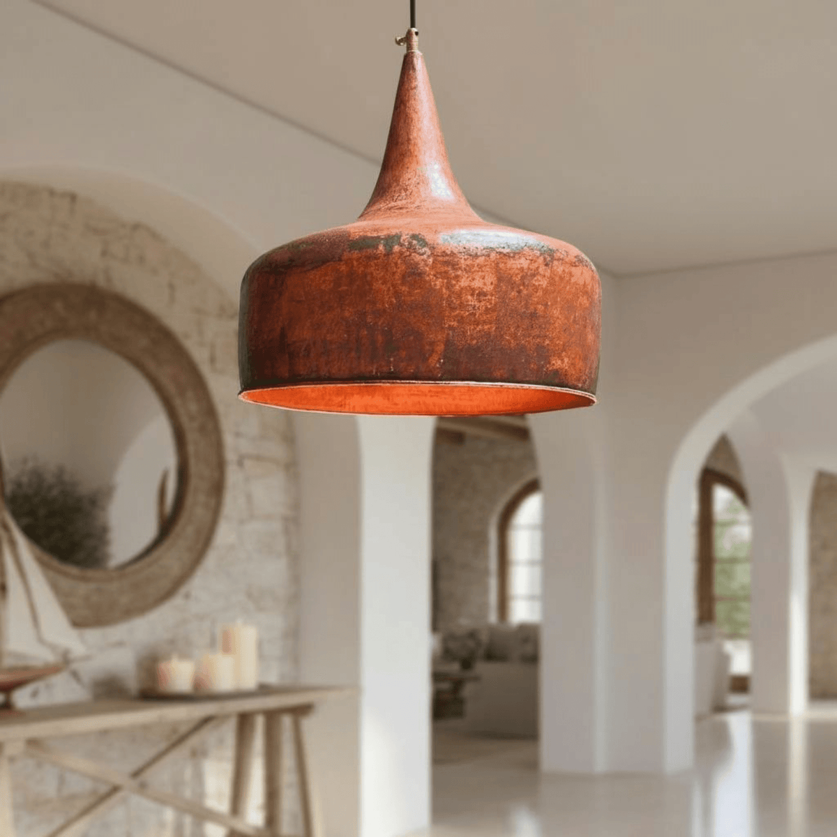 Hammered Copper Flared Dome Pendant – Rustic Ceiling Light - handcrafted luxury for kitchen and bathroom interiors by Brooklyn Brass