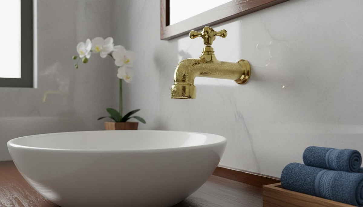 Hand - Engraved Gold - Plated Brass Wall Faucet, Moroccan Artisan Bathroom Tap Fixture - handcrafted luxury for kitchen and bathroom interiors by Brooklyn Brass