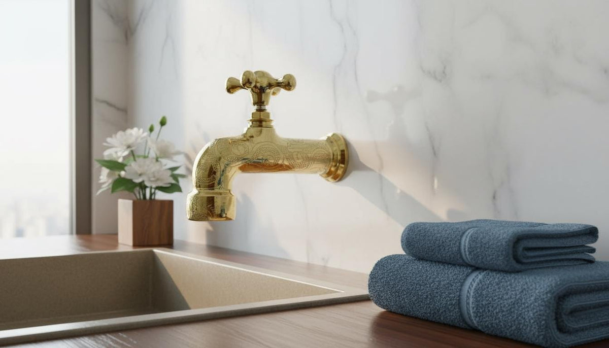 Hand - Engraved Gold - Plated Brass Wall Faucet, Moroccan Artisan Bathroom Tap Fixture - handcrafted luxury for kitchen and bathroom interiors by Brooklyn Brass