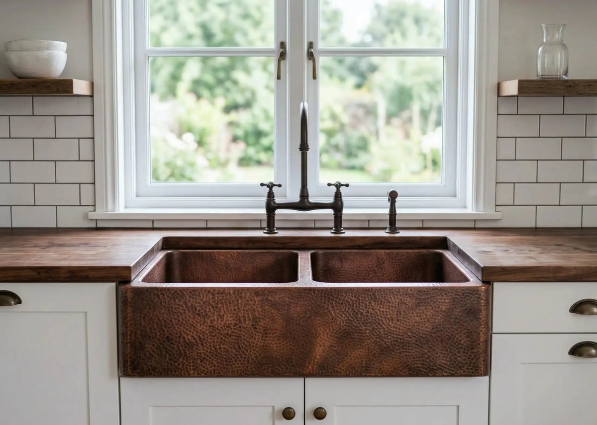Hand-Hammered Copper Double Bowl Farmhouse Sink, Antique Moroccan Apron-Front Kitchen Basin - handcrafted luxury for kitchen and bathroom interiors by Brooklyn Brass