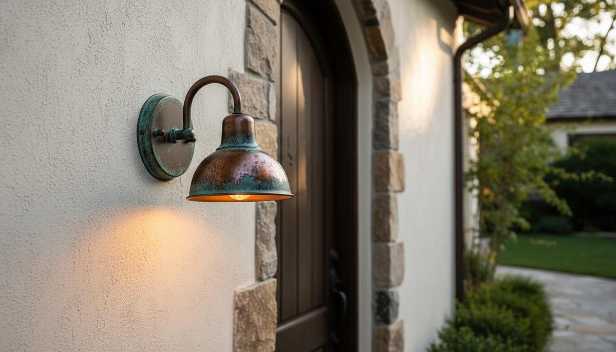 Handcrafted Copper Gooseneck Wall Light | Rustic Patina Outdoor Sconce, Farmhouse Porch & Garden Lighting | Handmade in Morocco - handcrafted luxury for kitchen and bathroom interiors by Brooklyn Brass