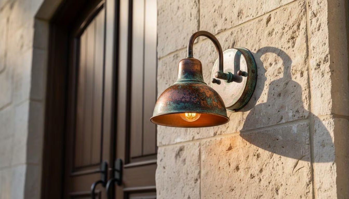 Handcrafted Copper Gooseneck Wall Light | Rustic Patina Outdoor Sconce, Farmhouse Porch & Garden Lighting | Handmade in Morocco - handcrafted luxury for kitchen and bathroom interiors by Brooklyn Brass