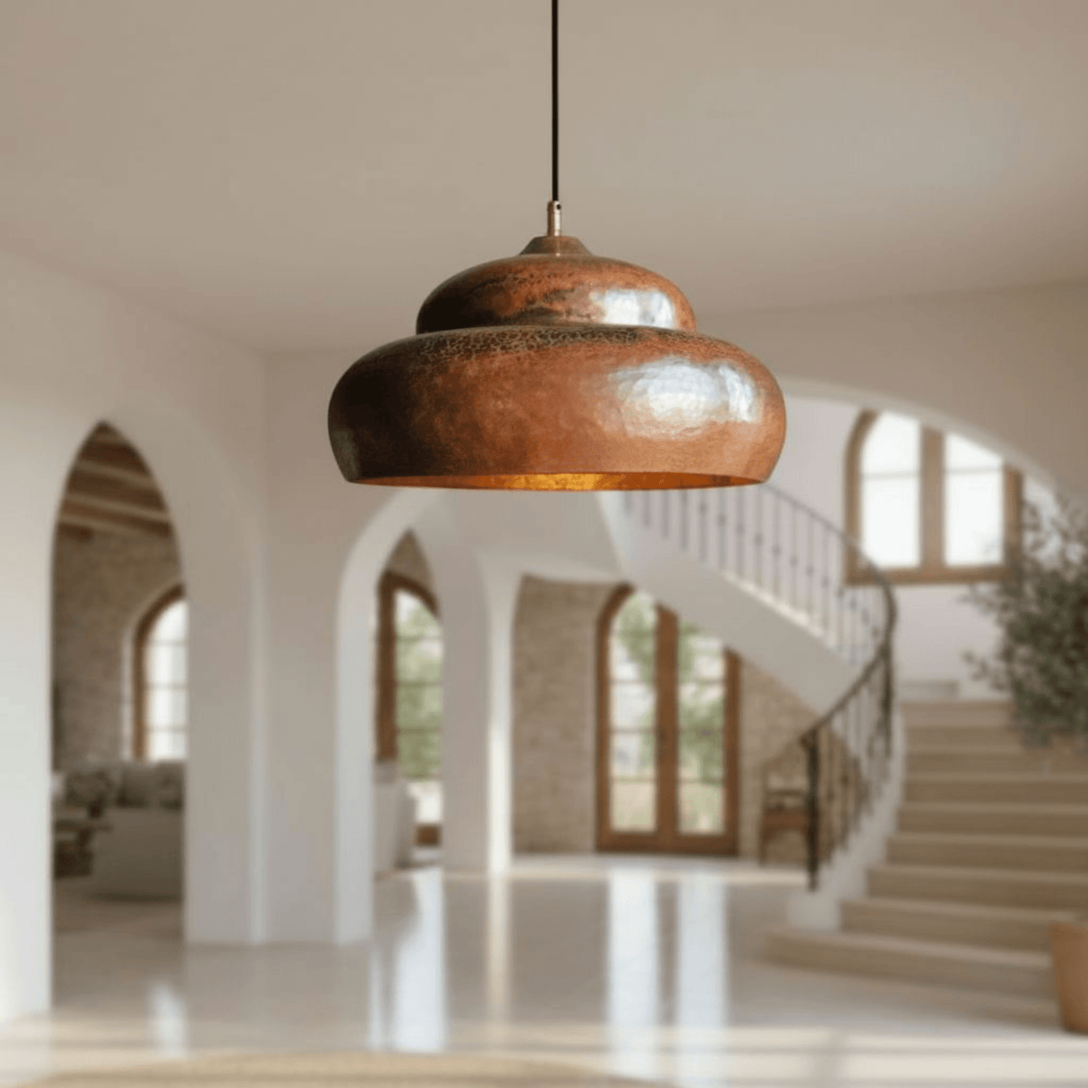 Hammered Solid Copper Pendant – Rustic Dome Ceiling Light for Farmhouse