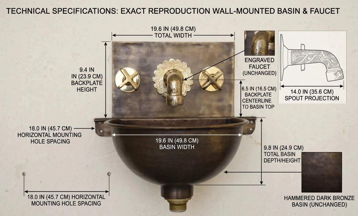 Handmade Aged Copper Wall Mount Sink Faucet, Solid Copper Bathroom Basin, Rustic Moroccan Vanity - handcrafted luxury Bathroom Sinks for kitchen and bathroom interiors by Brooklyn Brass