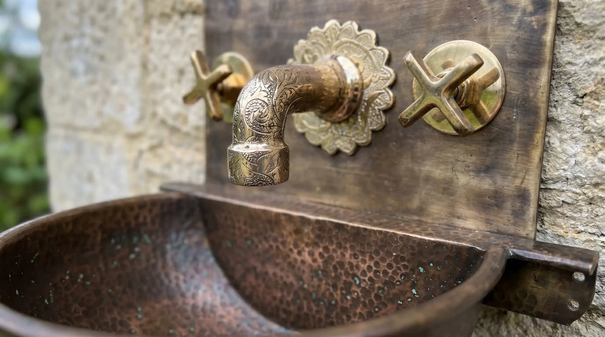 Handmade Aged Copper Wall Mount Sink Faucet, Solid Copper Bathroom Basin, Rustic Moroccan Vanity - handcrafted luxury Bathroom Sinks for kitchen and bathroom interiors by Brooklyn Brass