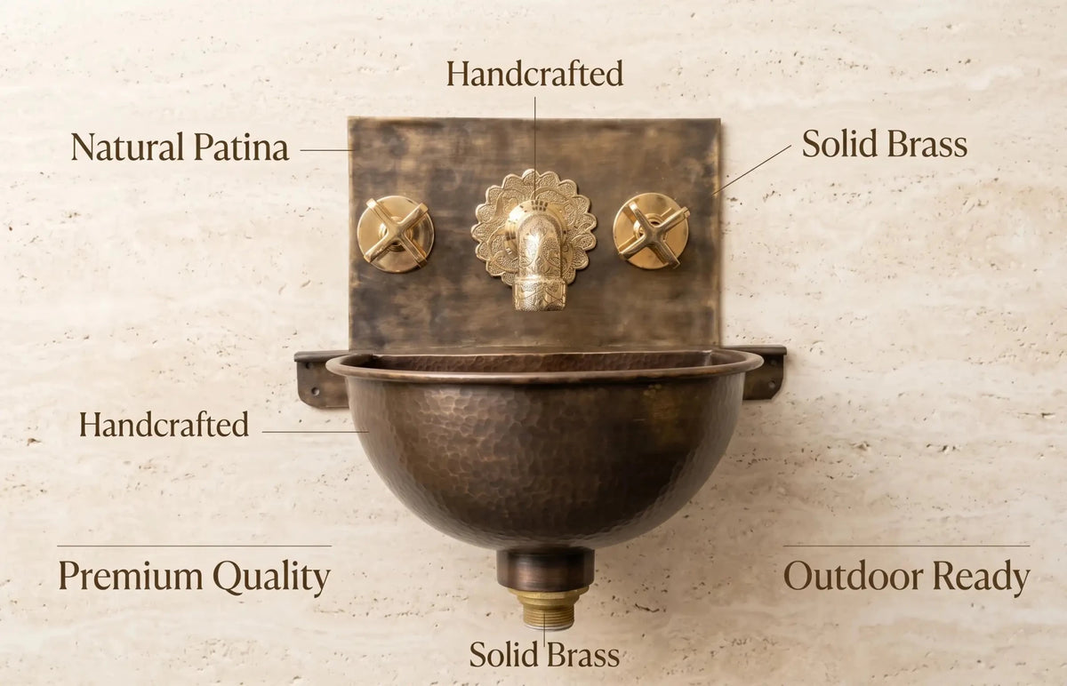 Handmade Aged Copper Wall Mount Sink Faucet, Solid Copper Bathroom Basin, Rustic Moroccan Vanity - handcrafted luxury Bathroom Sinks for kitchen and bathroom interiors by Brooklyn Brass