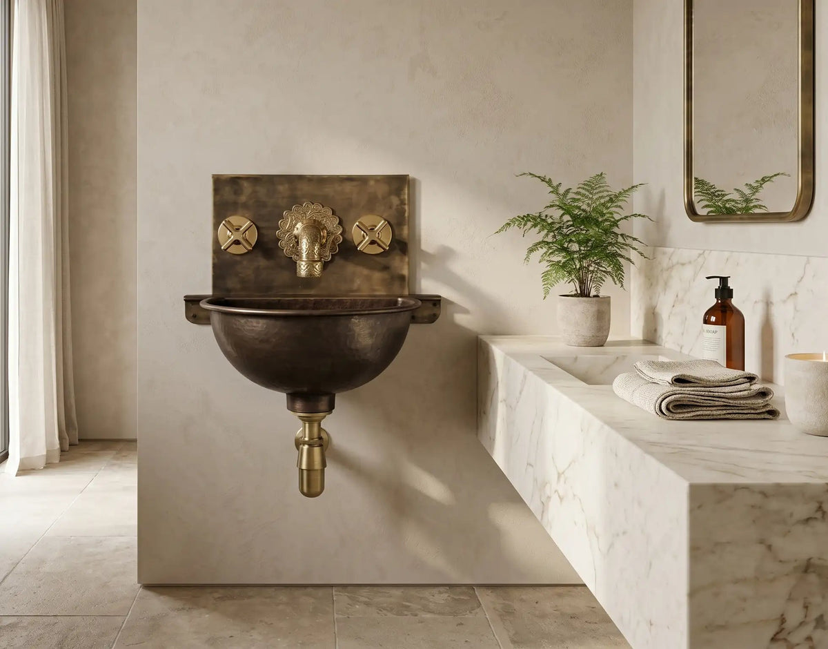 Handmade Aged Copper Wall Mount Sink Faucet, Solid Copper Bathroom Basin, Rustic Moroccan Vanity - handcrafted luxury Bathroom Sinks for kitchen and bathroom interiors by Brooklyn Brass