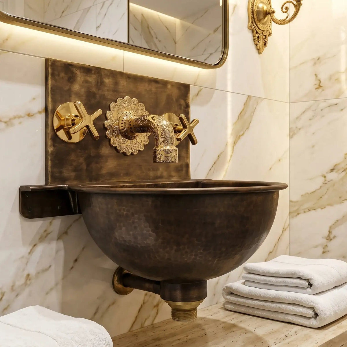 Handmade Aged Copper Wall Mount Sink Faucet, Solid Copper Bathroom Basin, Rustic Moroccan Vanity - handcrafted luxury Bathroom Sinks for kitchen and bathroom interiors by Brooklyn Brass