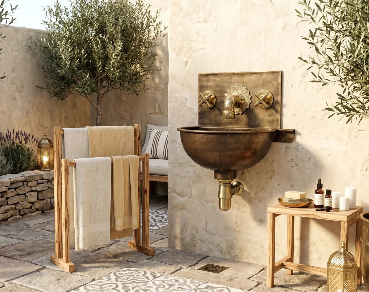 Handmade Aged Copper Wall Mount Sink Faucet, Solid Copper Bathroom Basin, Rustic Moroccan Vanity - handcrafted luxury Bathroom Sinks for kitchen and bathroom interiors by Brooklyn Brass