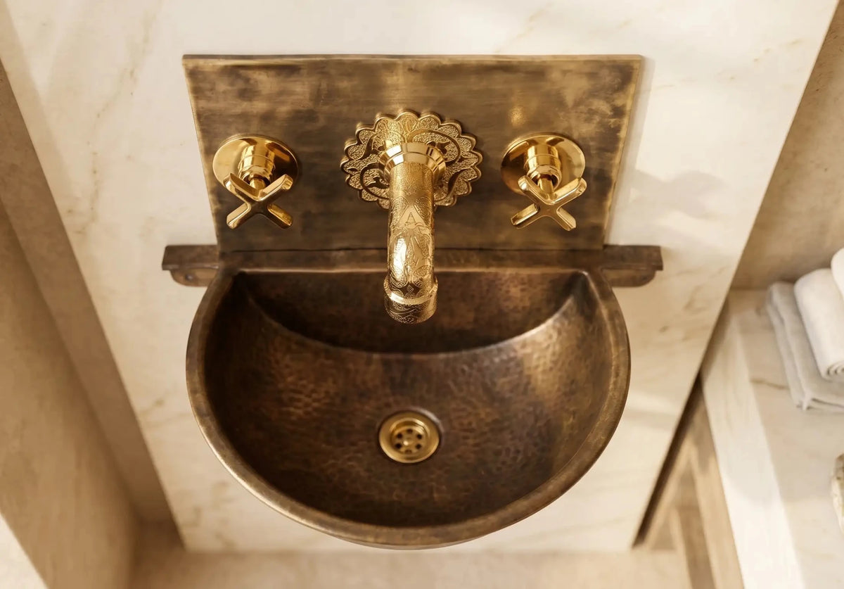 Handmade Aged Copper Wall Mount Sink Faucet, Solid Copper Bathroom Basin, Rustic Moroccan Vanity - handcrafted luxury Bathroom Sinks for kitchen and bathroom interiors by Brooklyn Brass