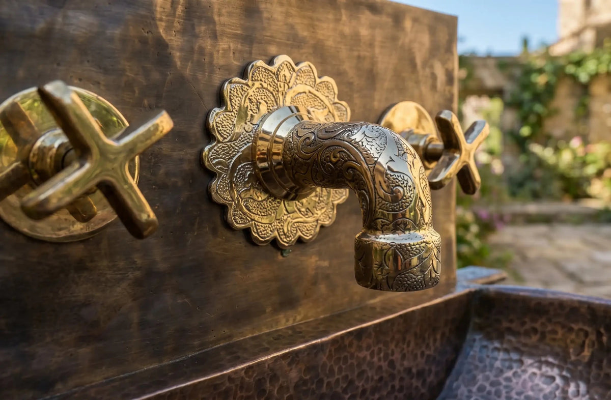 Handmade Aged Copper Wall Mount Sink Faucet, Solid Copper Bathroom Basin, Rustic Moroccan Vanity - handcrafted luxury Bathroom Sinks for kitchen and bathroom interiors by Brooklyn Brass