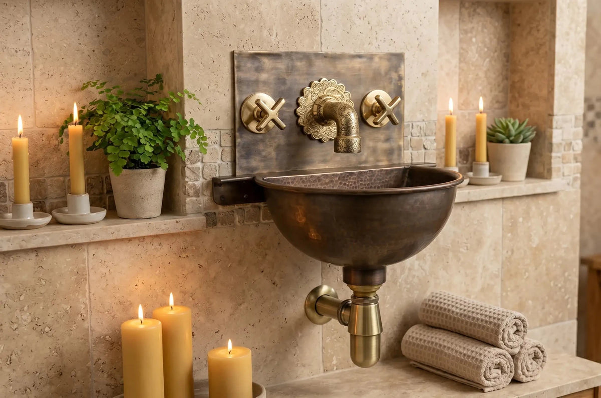 Handmade Aged Copper Wall Mount Sink Faucet, Solid Copper Bathroom Basin, Rustic Moroccan Vanity - handcrafted luxury Bathroom Sinks for kitchen and bathroom interiors by Brooklyn Brass