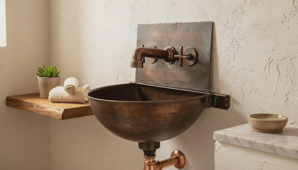 Handmade Aged Copper Wall Mount Sink Faucet, Solid Copper Bathroom Basin, Rustic Moroccan Vanity - handcrafted luxury for kitchen and bathroom interiors by Brooklyn Brass