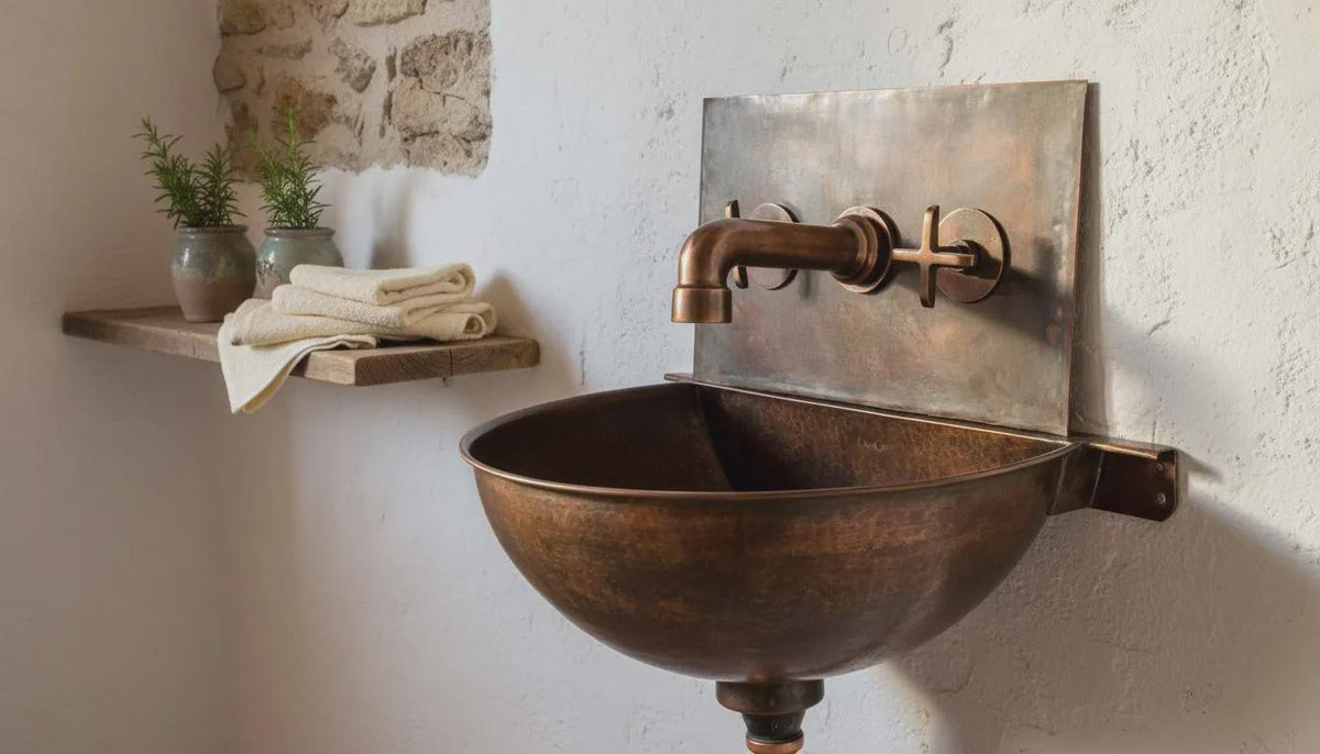 Handmade Aged Copper Wall Mount Sink Faucet, Solid Copper Bathroom Basin, Rustic Moroccan Vanity - handcrafted luxury for kitchen and bathroom interiors by Brooklyn Brass