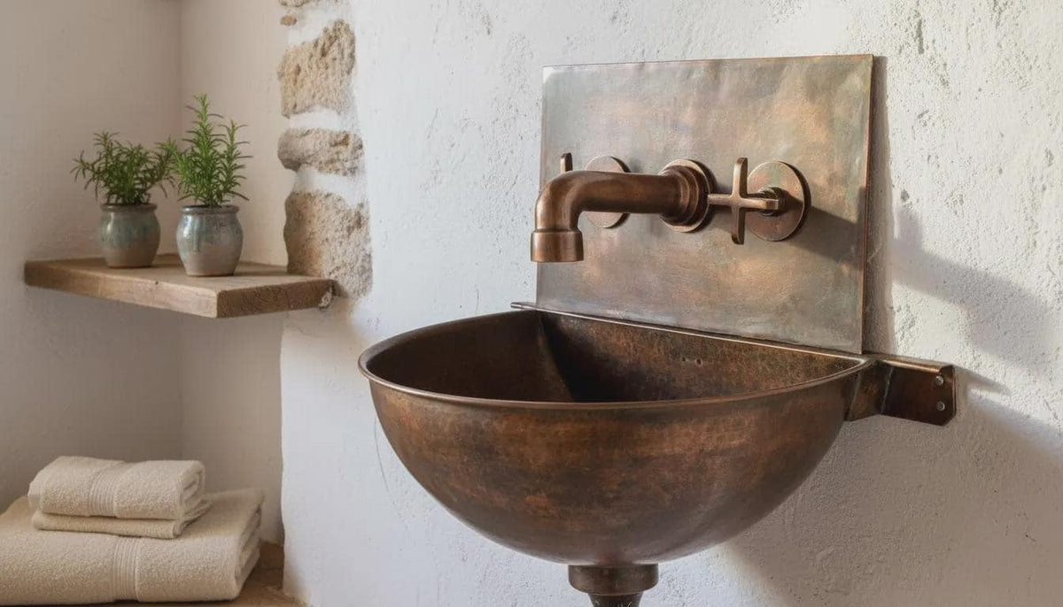 Handmade Aged Copper Wall Mount Sink Faucet, Solid Copper Bathroom Basin, Rustic Moroccan Vanity - handcrafted luxury for kitchen and bathroom interiors by Brooklyn Brass