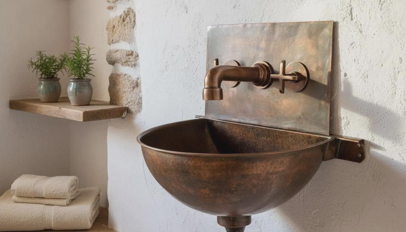Handmade Aged Copper Wall Mount Sink Faucet, Solid Copper Bathroom Basin, Rustic Moroccan Vanity - handcrafted luxury for kitchen and bathroom interiors by Brooklyn Brass