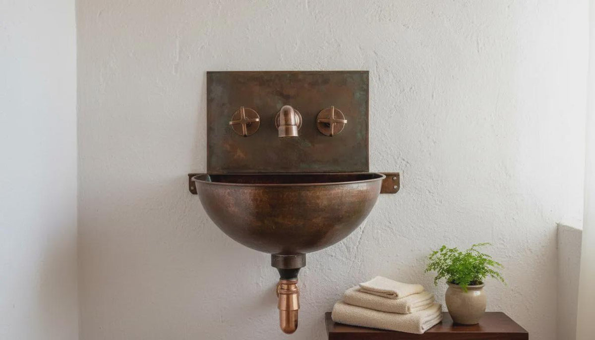 Handmade Aged Copper Wall Mount Sink Faucet, Solid Copper Bathroom Basin, Rustic Moroccan Vanity - handcrafted luxury for kitchen and bathroom interiors by Brooklyn Brass