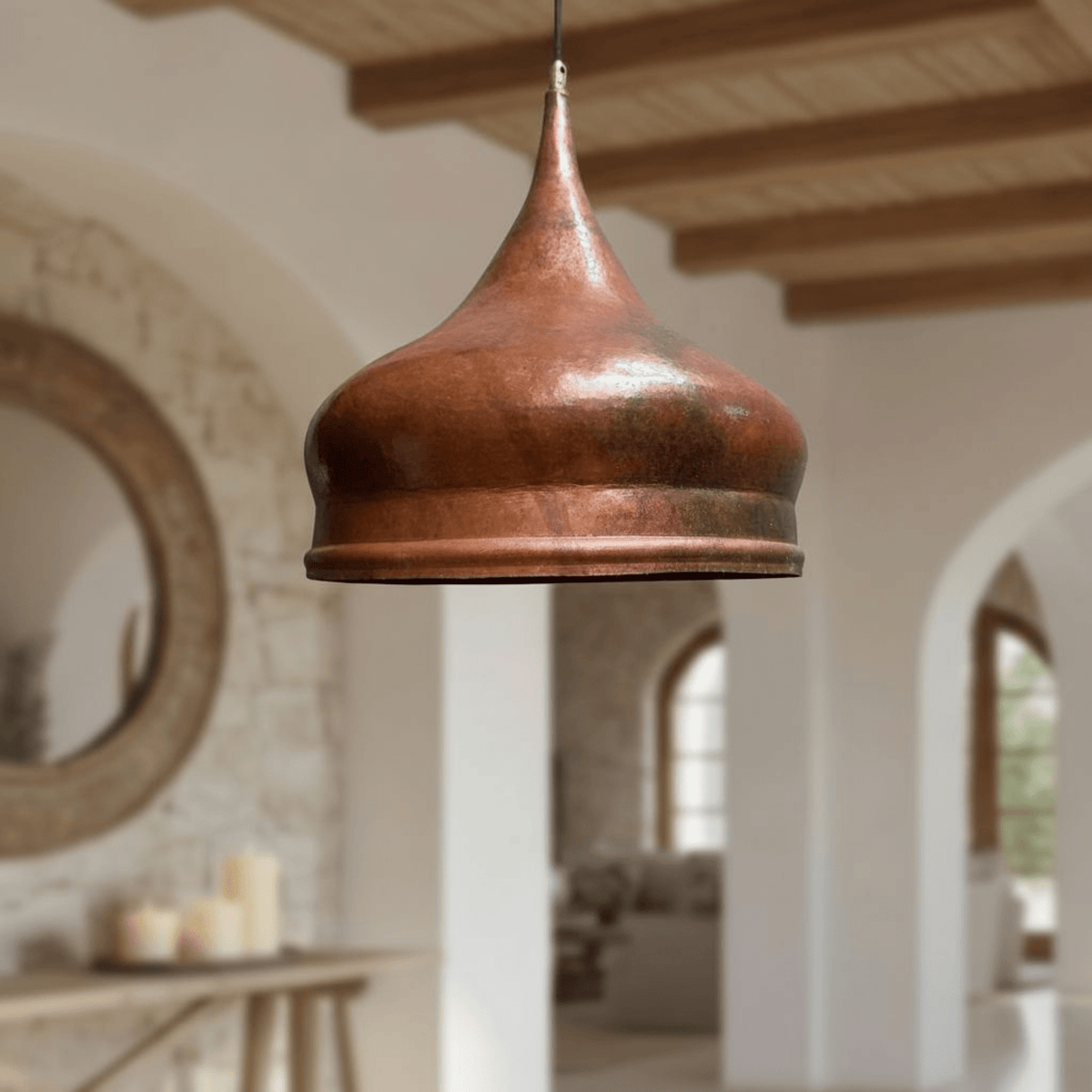 Hammered Copper Onion Dome Pendant – Rustic Ceiling Fixture for Kitchens