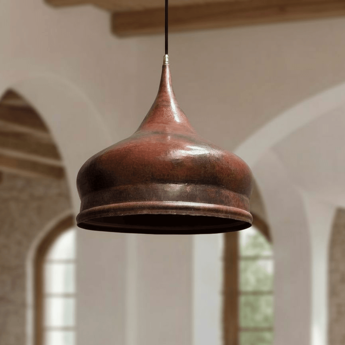 Hammered Copper Onion Dome Pendant – Rustic Ceiling Fixture for Kitchens
