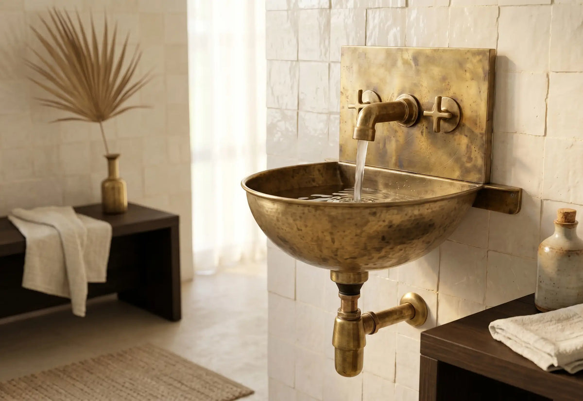 Unlacquered Brass Wall Sink – Hammered Bathroom Basin with Faucet