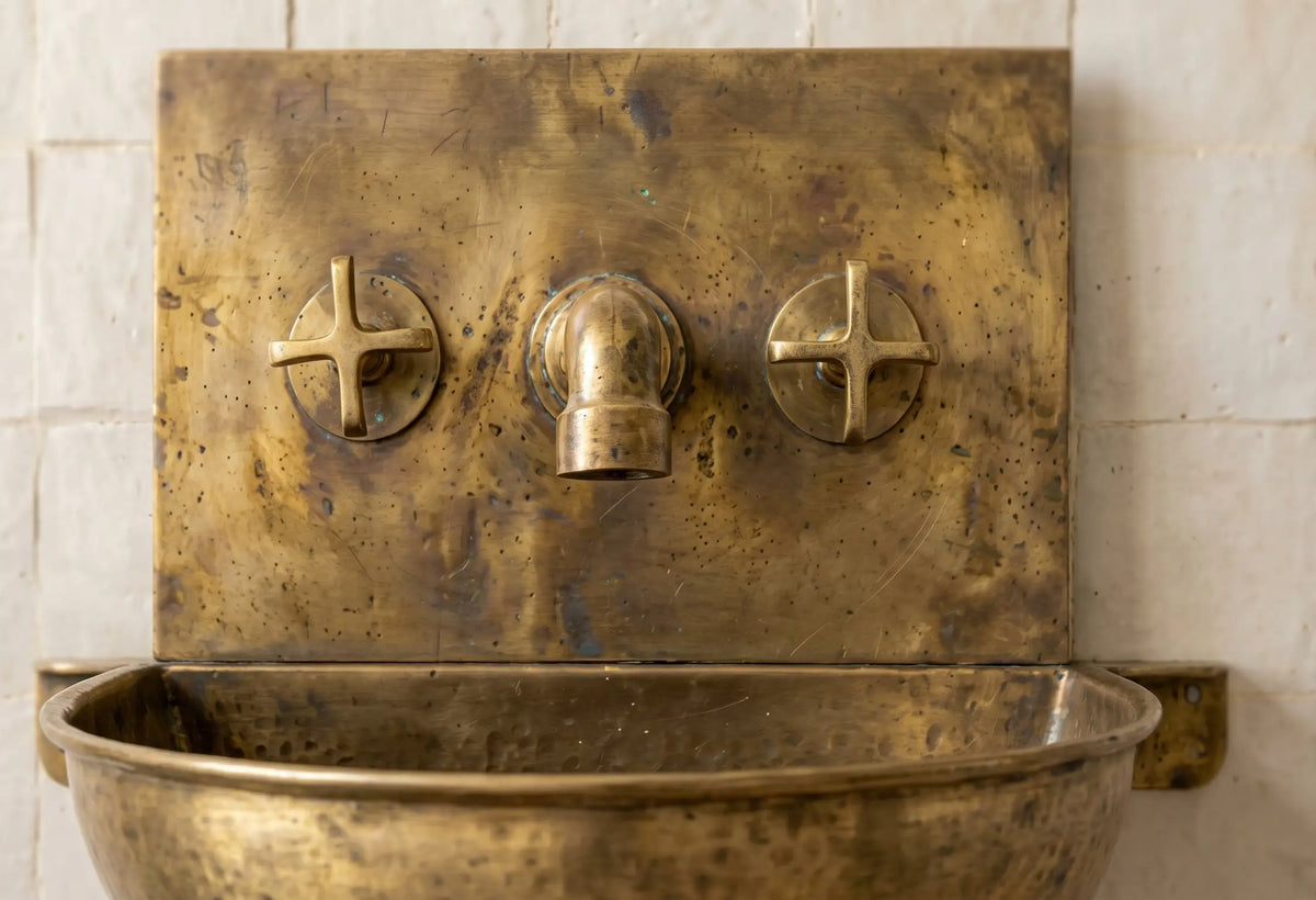 Unlacquered Brass Wall Sink – Hammered Bathroom Basin with Faucet