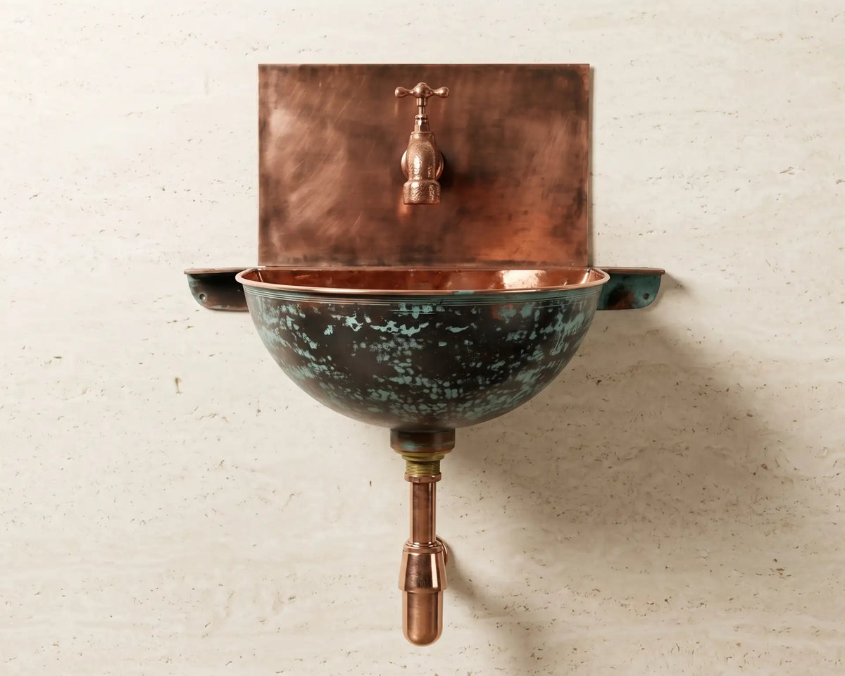 Copper Wall Mounted Bathroom Sink With Copper Mixer Faucet