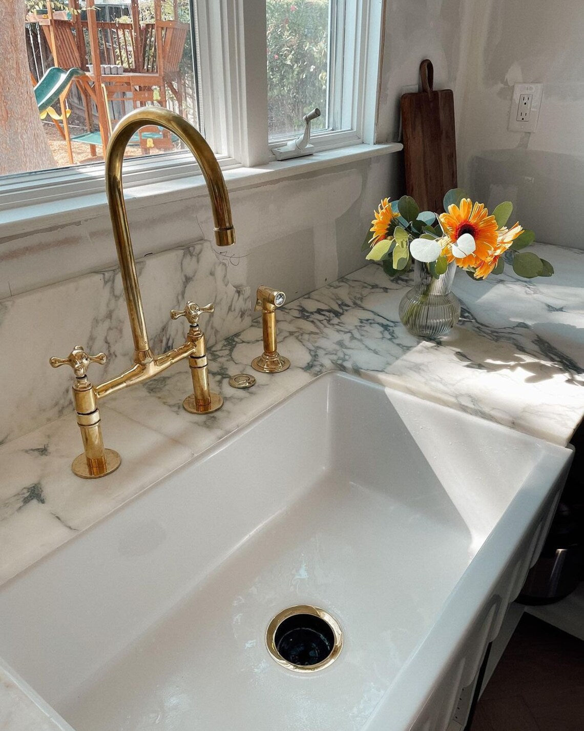 Unlacquered Brass Wall Mount Faucet, Two Handle Hot & Cold Sink Tap