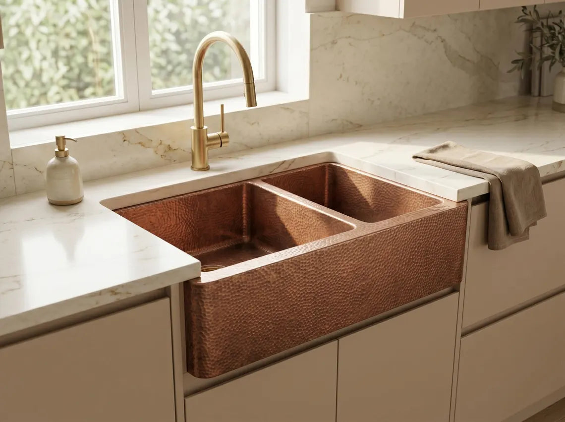 Hammered Copper Double Bowl Farmhouse Sink – Moroccan Artisan Apron Front Kitchen Sink