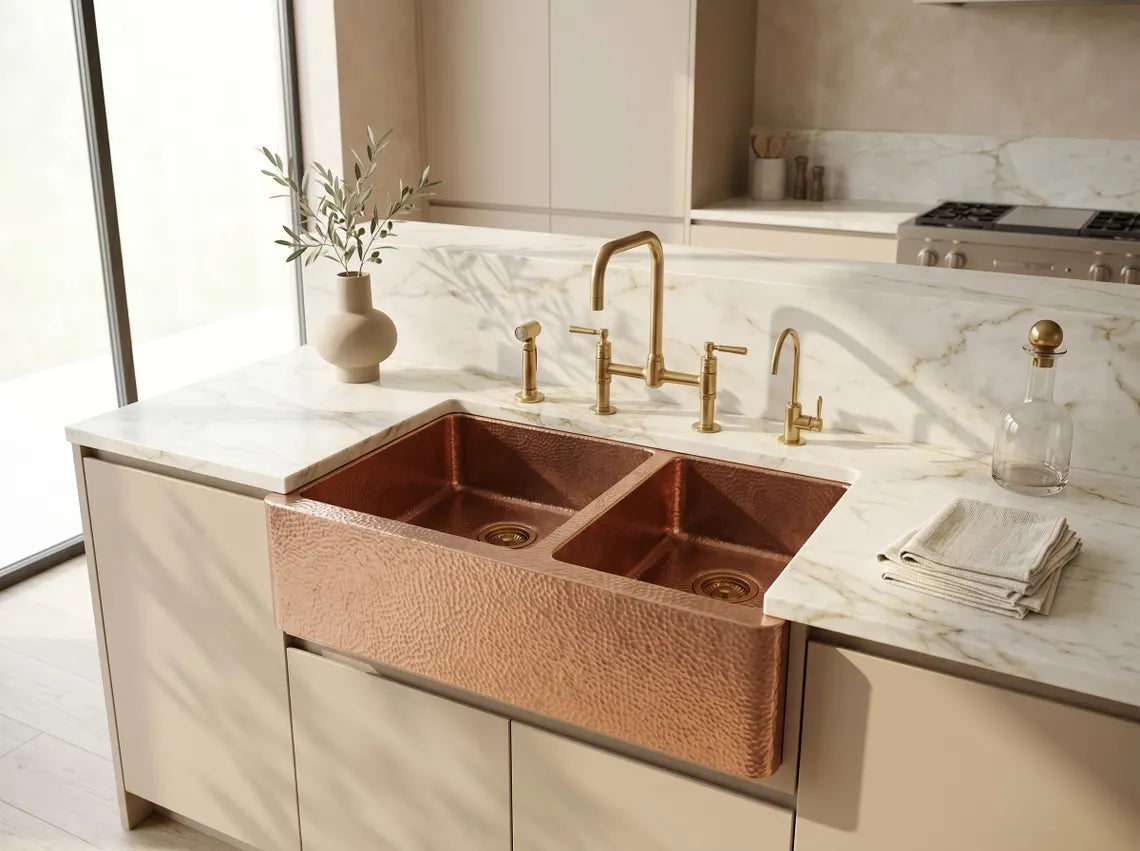 Hammered Copper Double Bowl Farmhouse Sink – Moroccan Artisan Apron Front Kitchen Sink